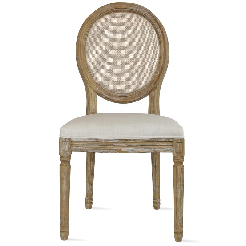 French Chic Vintage Style Dining Side Chair With Upholstered Linen Welted Fabric And Elegant Natural Rustic Wood Frame - Rattan Back - Cream