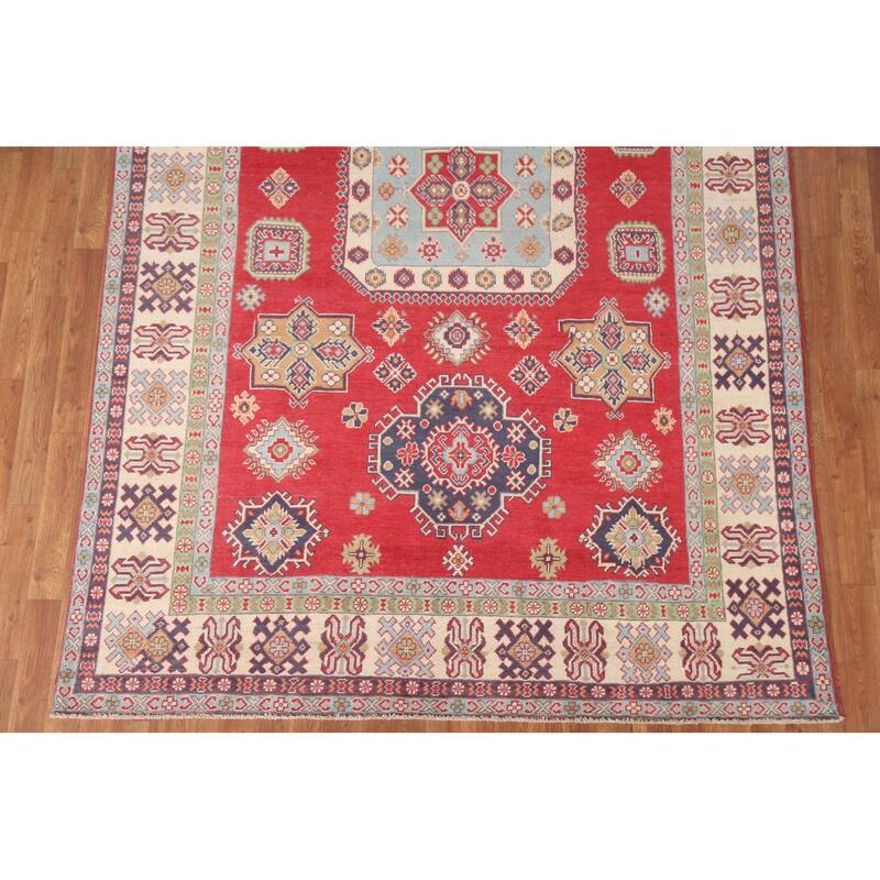 Hand Knotted Oriental 100% Wool Carpet Traditional Geometric Red Kazak Area Rug - 9' 8'' X 6' 3''
