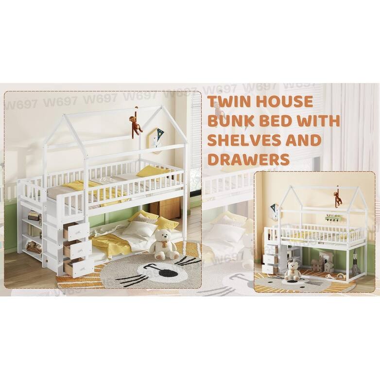 Twin House Bunk Bed with Roof, Storage Shelves, and Drawers for Kids.