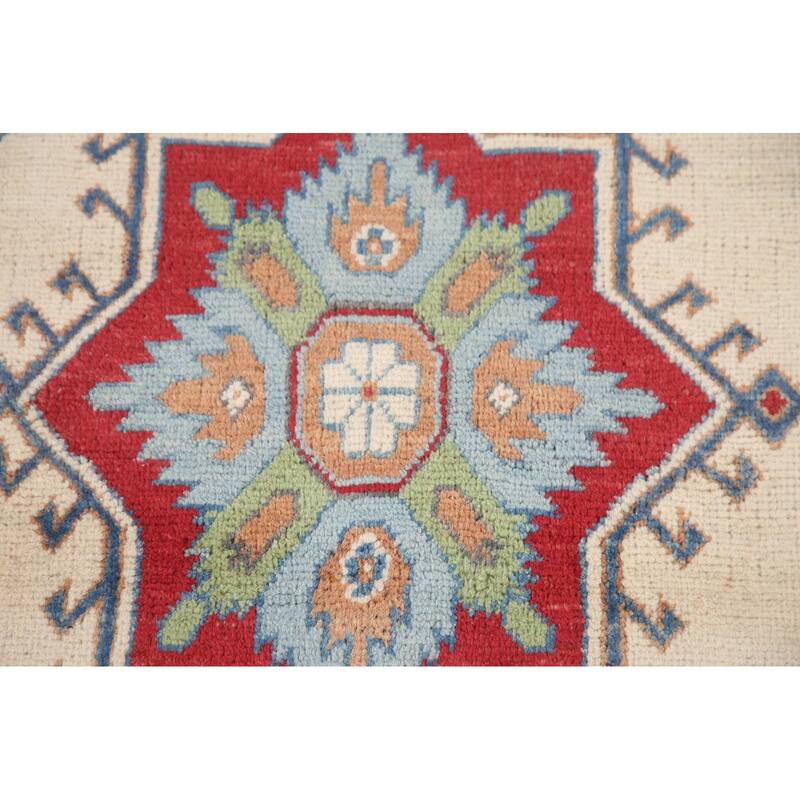 Hand Knotted Oriental 100% Wool Carpet Traditional Geometric Beige & Ivories Kazak Area Rug - 9' 11'' X 6' 8''