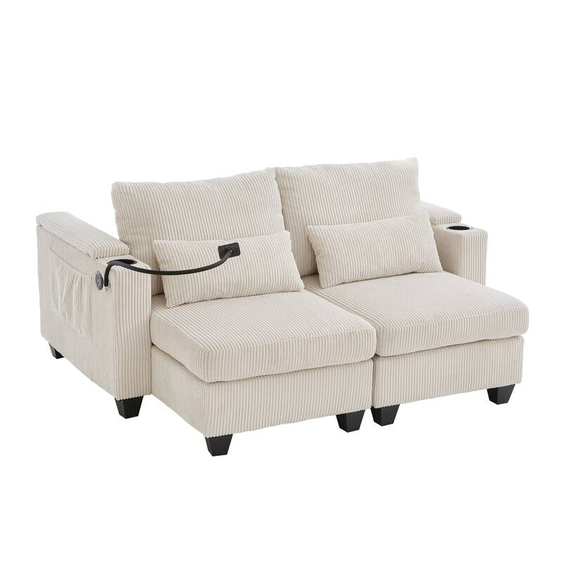 63" Corduroy Convertible Chaise Lounge with USB Ports, Phone Holder, and Storage