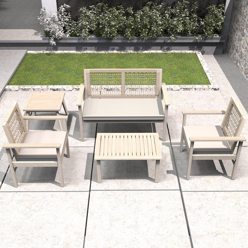 5-Piece Outdoor Acacia Wood Furniture Set with Seat Cushions - Beige