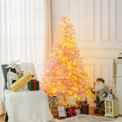 6 ft Pre-Lit Pink Artificial Christmas Tree with 250 Warm White LED Lights 1000 Branch Tips Hinged Sections