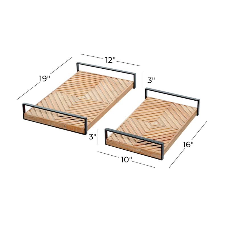 Wood Diamond Pattern Tray with Black Handles - Set of 2 Brown - Roche River Decor - 12"W x 19"L x 3"H
