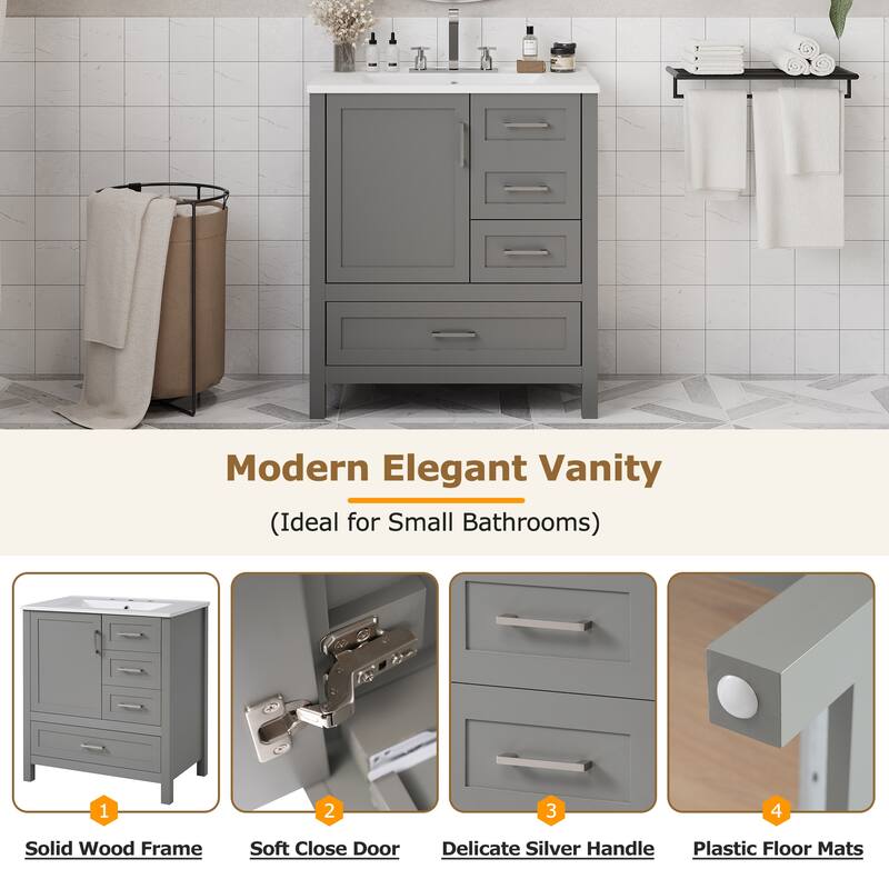 30" Modern Bathroom Vanity Set with Ceramic Sink - Soft-Close Doors & 3 Drawers, Storage Cabinet with Removable Tray