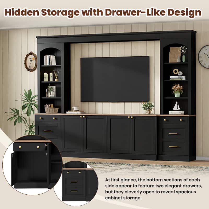 Farmhouse Arched Entertainment Center Wall Unit with Bookshelf,for TVs Up to 70",106"Multi-Functional Media Console with Drawer