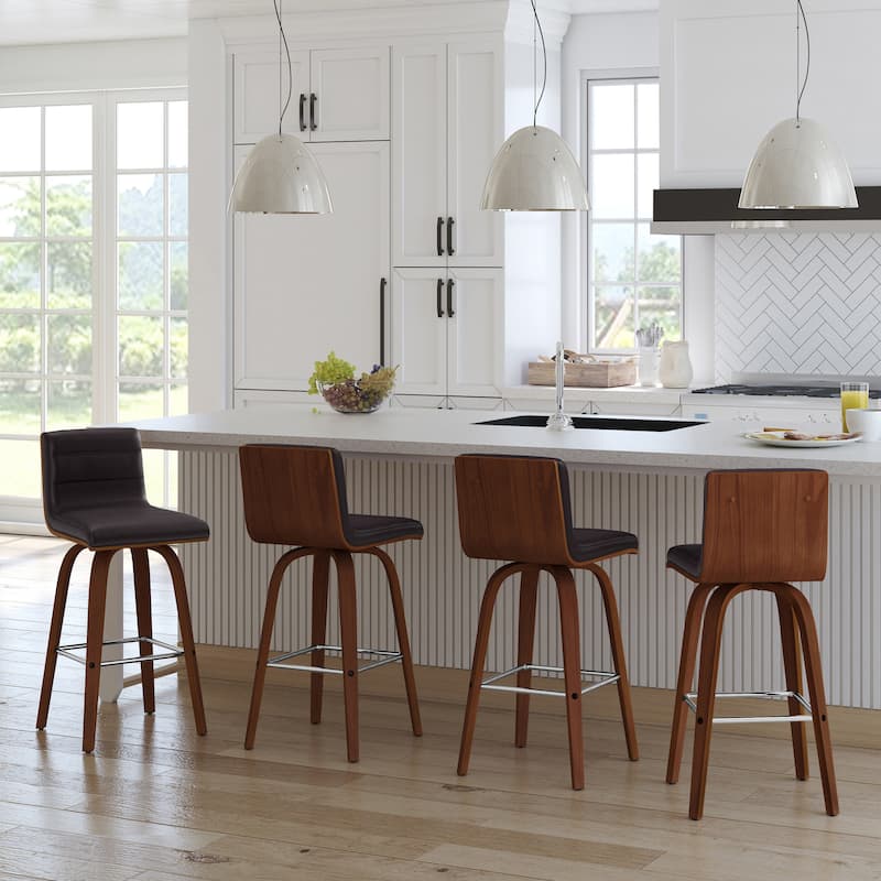 Skara Mid-Century Swivel Counter Stool, Upholstered Counter Height Chair with Bentwood Legs - Brown & Walnut