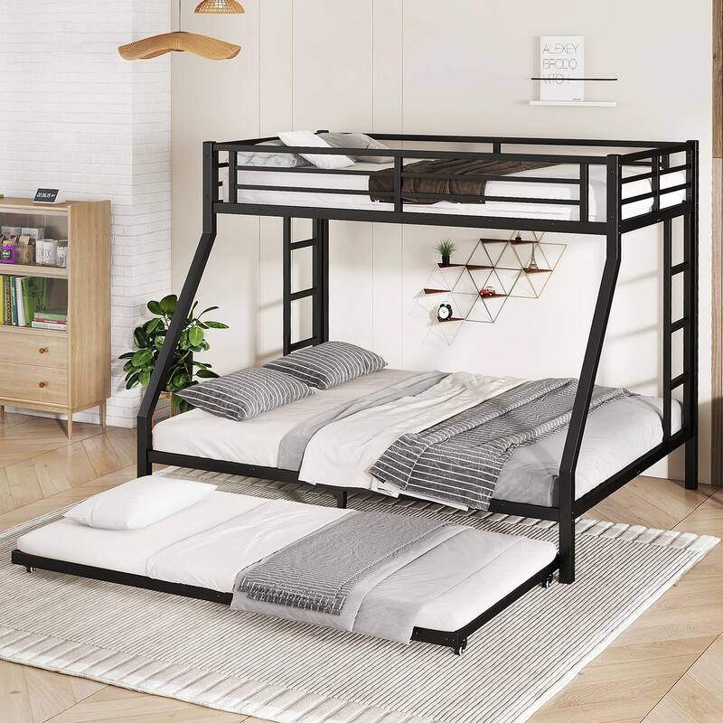 Metal Bunk Bed with Twin Size Trundle - Black - Twin XL over Queen