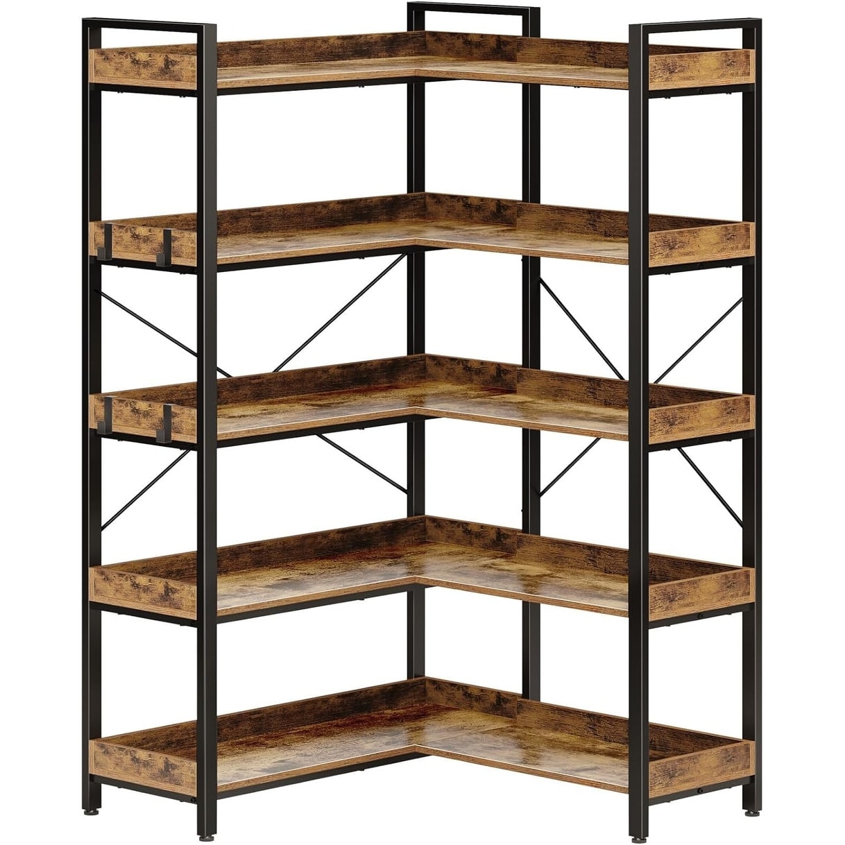 65" Rustic Brown Industrial Bookcase with 5 Open Shelves & 4 Hooks, Corner Storage Unit for Living Room/Bedroom/Office