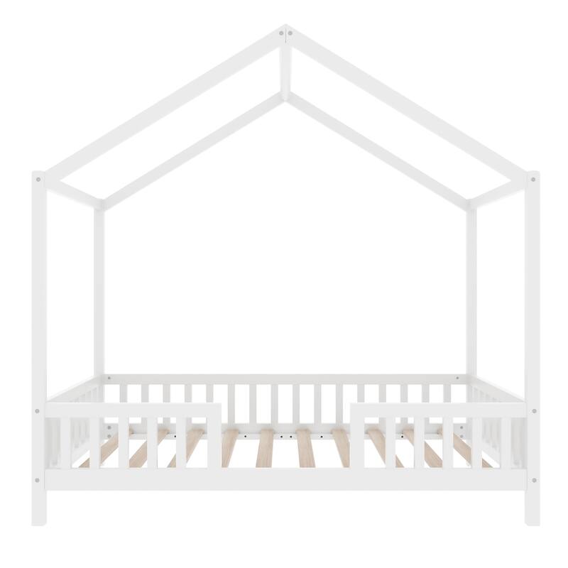 House-Shaped Twin Bed with Canopy and Railings for Kids, Montessori Floor Bed, White