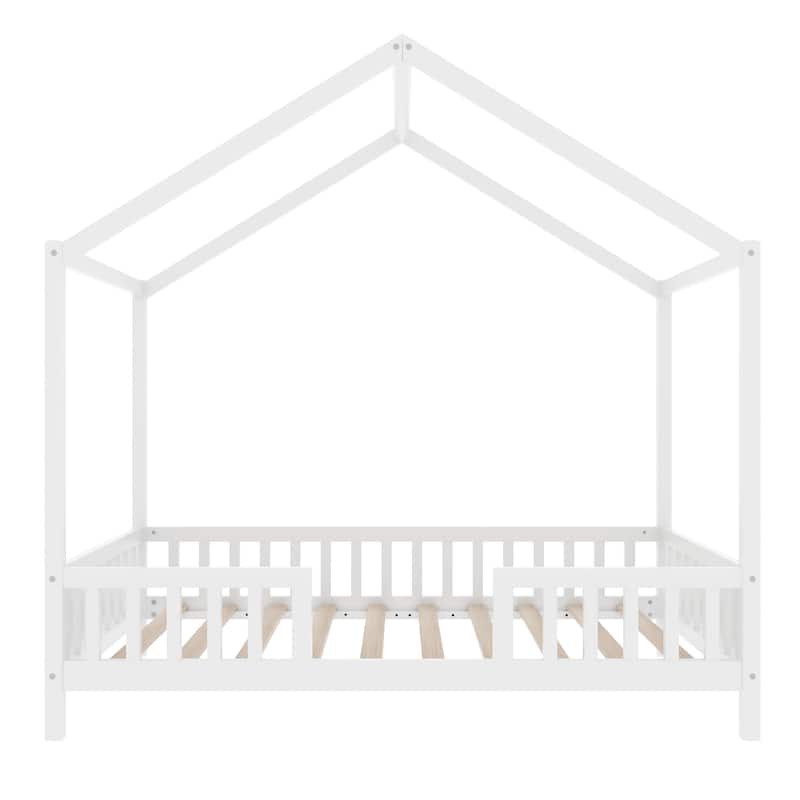 Montessori Bed, House-shape Frame Platform Bed for Kids Toddler, Wood House Daybed with High Railings and Roof, Canopy Bed Frame