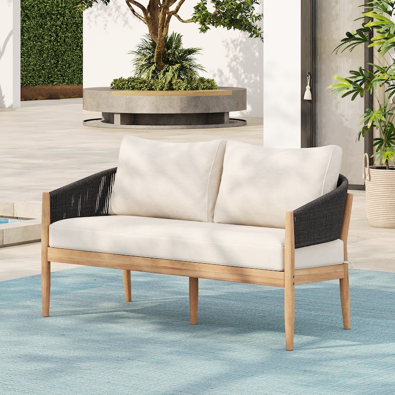 Christopher Knight Home - Eulalia Patio Acacia Wood and Rope Loveseat with Cushion.
