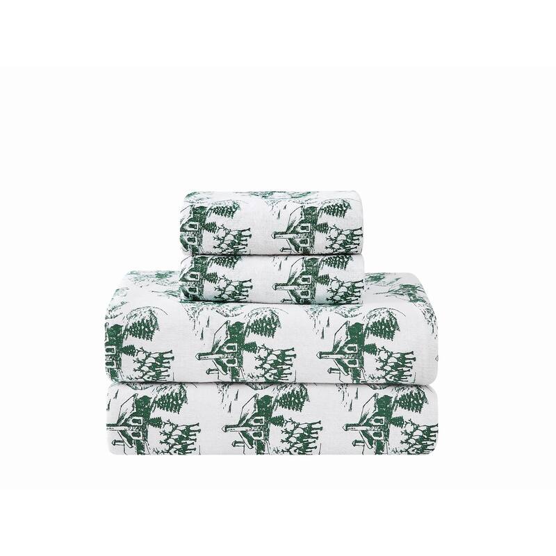 Truly Soft Printed and Solid Cotton Flannel 4 Piece Sheet Set - Festive Cottage Toile - Queen