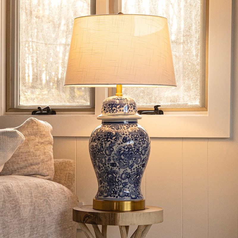 Grace 29.5" Ceramic LED Table Lamp, Blue/White by JONATHAN Y