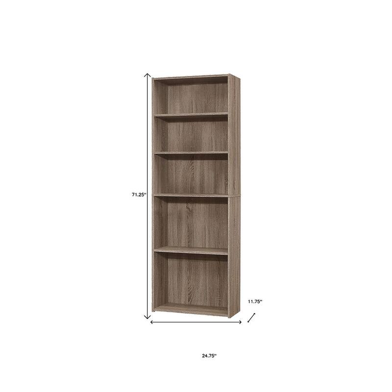 HomeRoots 71" Taupe Distressed Wood Adjustable Five Tier Bookcase - 11.75