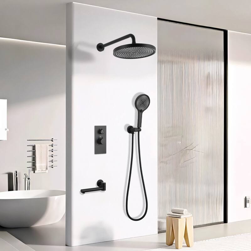 Luxury 3-Function Shower System Set - Solid Brass Control Valve, 10" Overhead Shower, 3-Spray Handheld