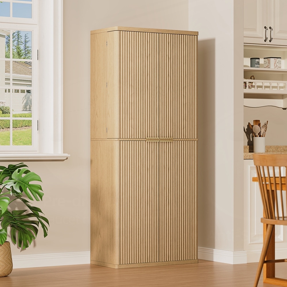 Kitchen Pantry Modern Fluted Wood Storage Cabinet with Doors
