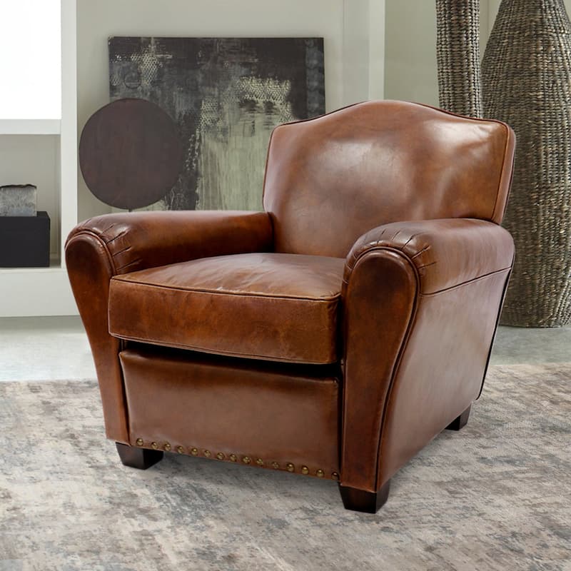 Pasargad Home Palermo Genuine Leather Wing Chair, Brown - W32.6"xD33.8"xH32.28"
