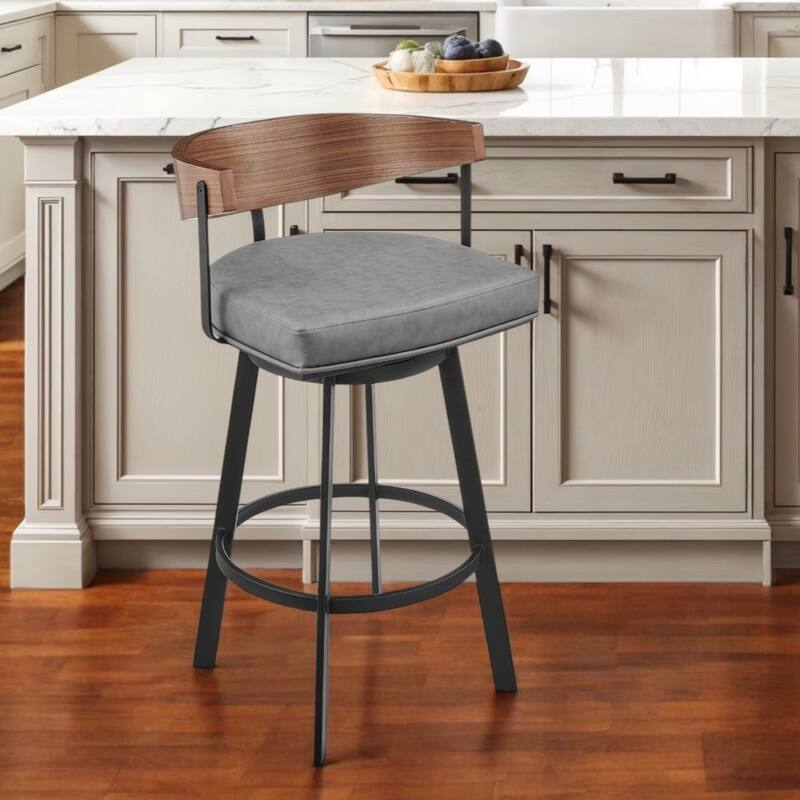 Gray Brown and Black Faux Leather and Iron Low Back Counter Height Swivel Bar Chair