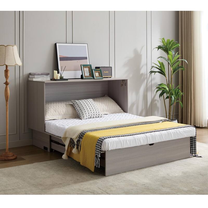 Queen Cabinet Bed with Storage, Folding Mattress, USB Ports, Space-Saving Design, Gray