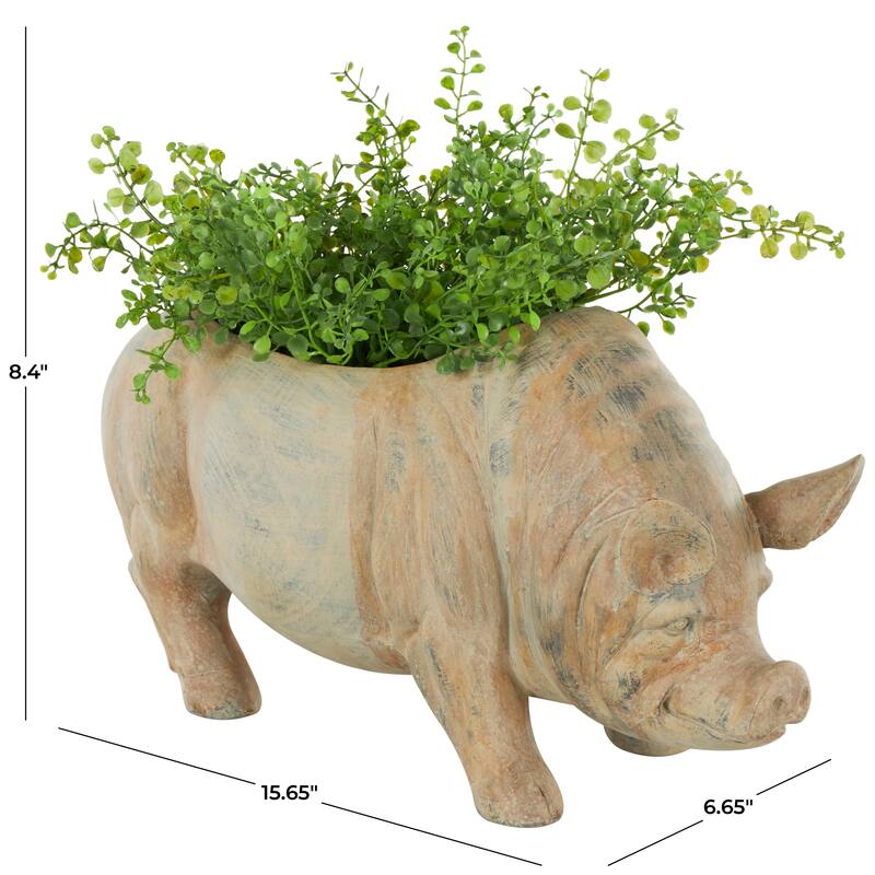 Light Brown Resin Pig Indoor Outdoor Planter with Distressed Details - 7"W x 16"L x 8"H