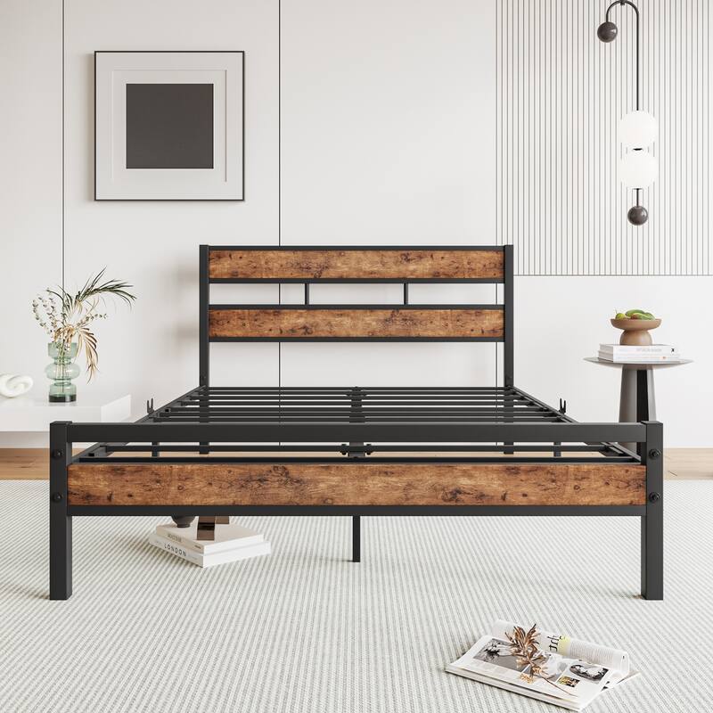 Platform Bed Frame with Rustic Vintage Wood Headboard