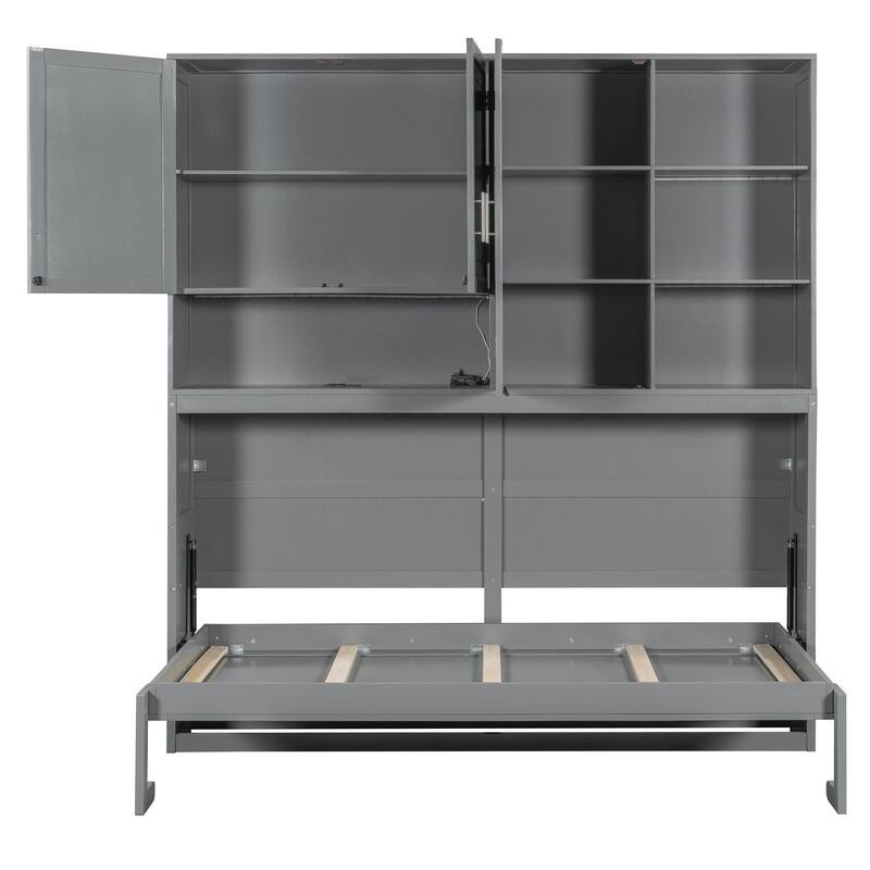 Twin Size Wall Murphy Bed with Top Cabinet, Shelves ,Space Saving Foldable Bed with Light & USB