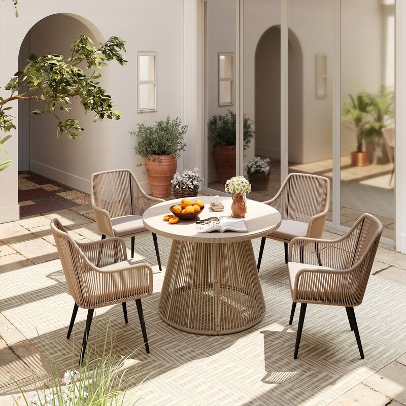 5 Pieces Outdoor PE Rattan Patio Dining Set with Round Tempered Glass Table - Twisted rattan chair back