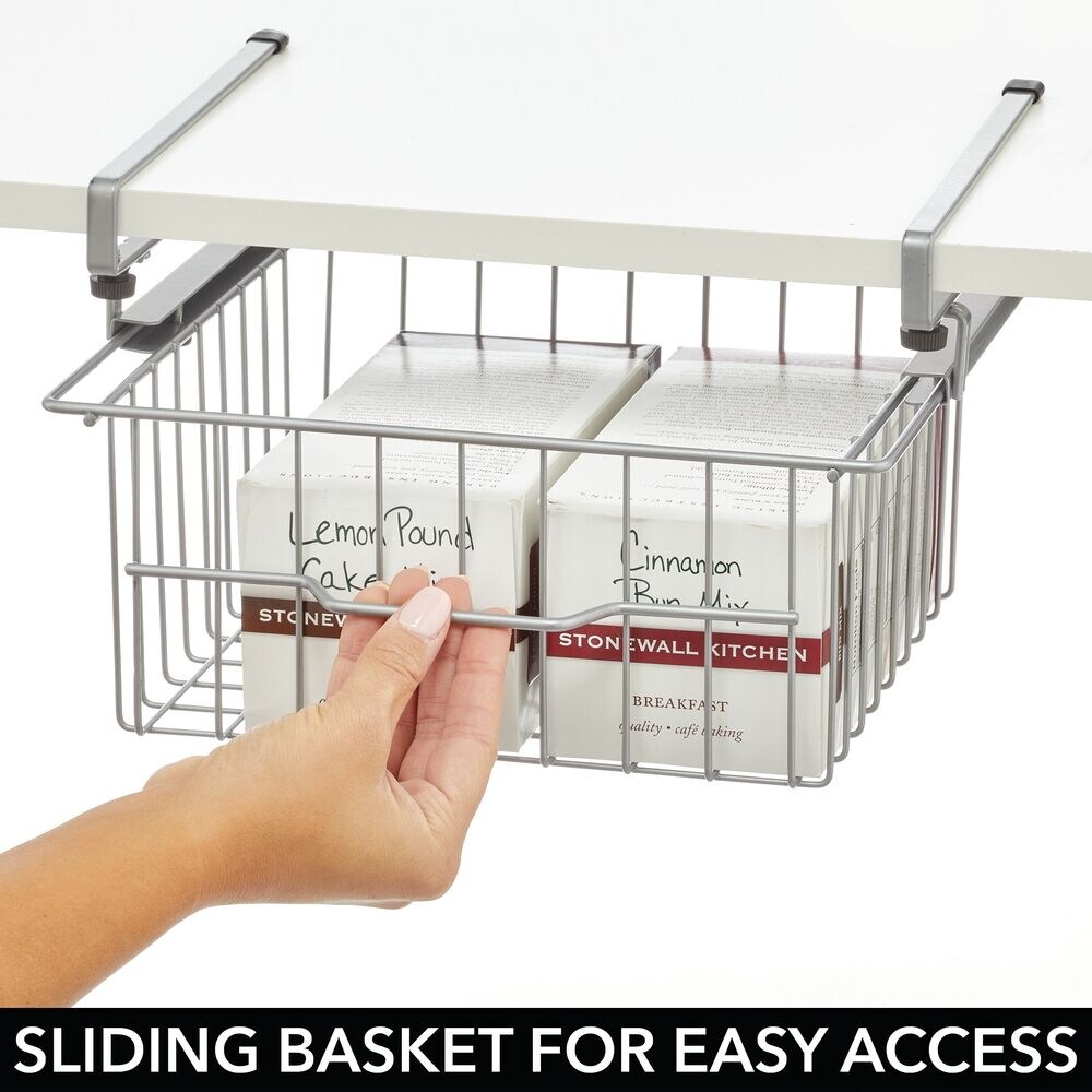 mDesign Hanging Baskets Easy-Slide Under Shelf Hanging Storage Basket Silver 
