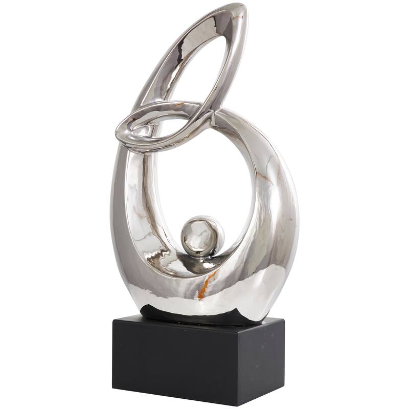 Silver Ceramic Looped Abstract Decorative Sculpture with Black Block Base