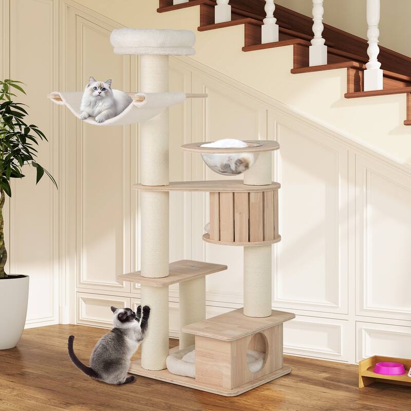 Natural White 69-Inch-Tall Wooden Cat Tree with Hammock and Space Capsule