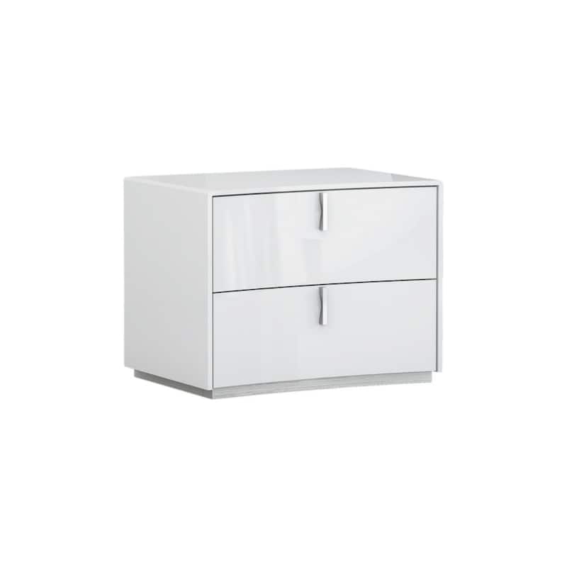 White Wood Modern 2-Drawer Nightstand with Grey Legs and Metal Handles - White