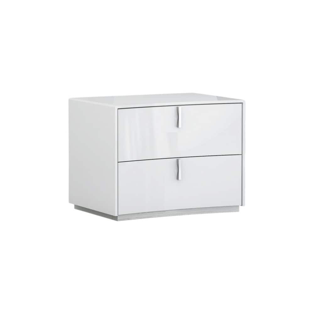 White Wood Modern 2-Drawer Nightstand with Grey Legs and Metal Handles