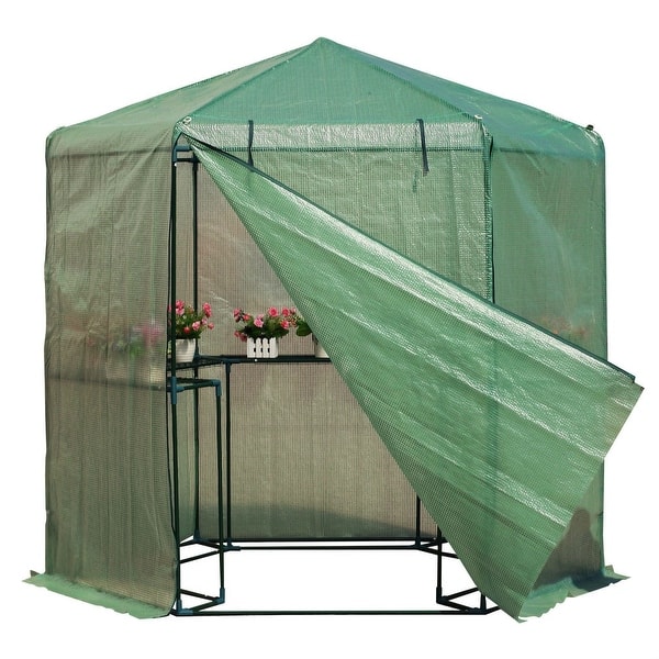 Outdoor Hexagon Greenhouse 6.5 x 7 Ft with Steel Frame PE Cover and Shelves  - 45.2 x 12 x 6.5 inches - Bed Bath & Beyond - 29823811