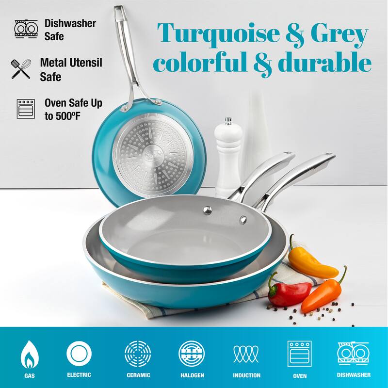 Gotham Steel Aqua Blue 3 Pack Nonstick Fry Pan Set - 8'' 10'' and 12''
