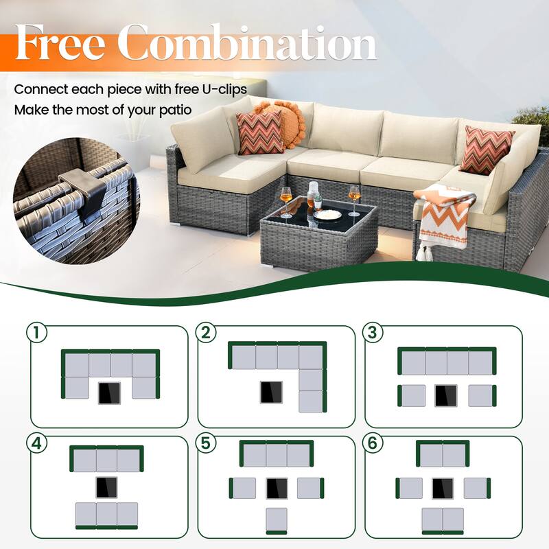 HOOOWOOO 8-piece Grey Wicker Patio Furniture Set Sectional Sofa with Fire Pit Table