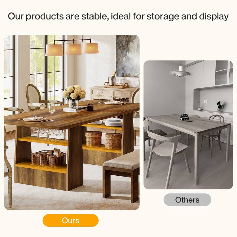 63” Dining Table for 6-8, with Storage Shelf for Living Room, Brown - N/A