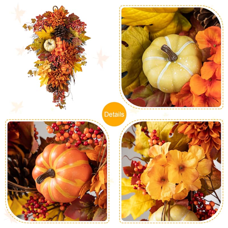 Glitzhome 26"H Fall Sunflower Pumpkin Lotus Leaf Teardrop Swag for Thanksgiving