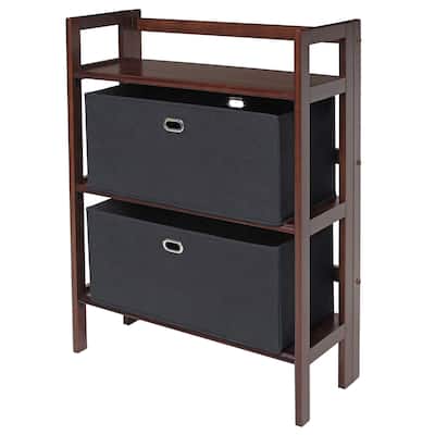 Torino 3-Pc Storage Shelf with 2 Foldable Fabric Baskets, Walnut and Black - 27.8"W x 11.5"D x 38.5"H