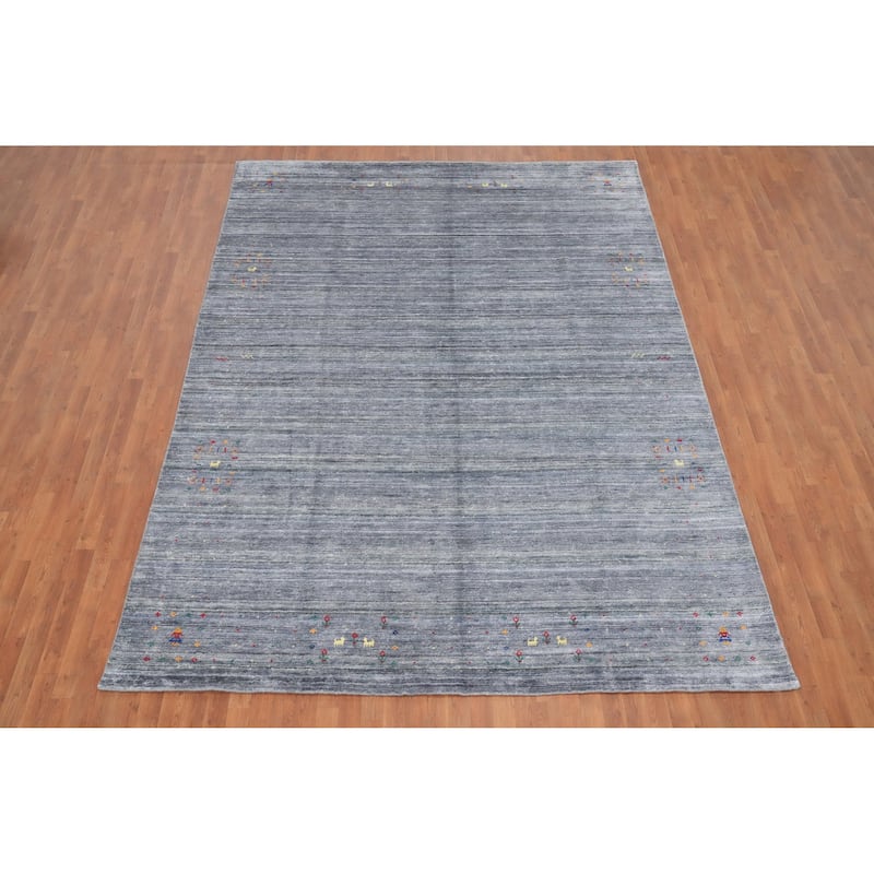 Hand Knotted Oriental Viscose Silk Carpet Tribal Animal Pictorial Greys & Charcoal Gabbeh Area Rug - 11' 9'' X 8' 7''