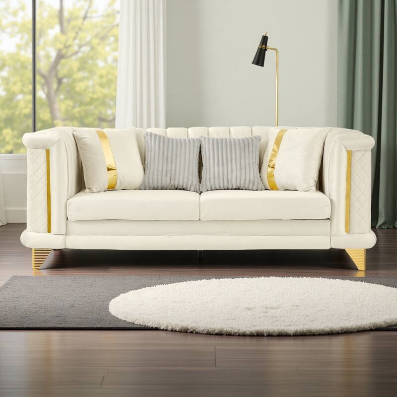 89" Velvet Luxury 3-Seater Sofa and Mid-Century Modern Tufted Couch with Gold Trims and 4 Premium Pillows - Beige