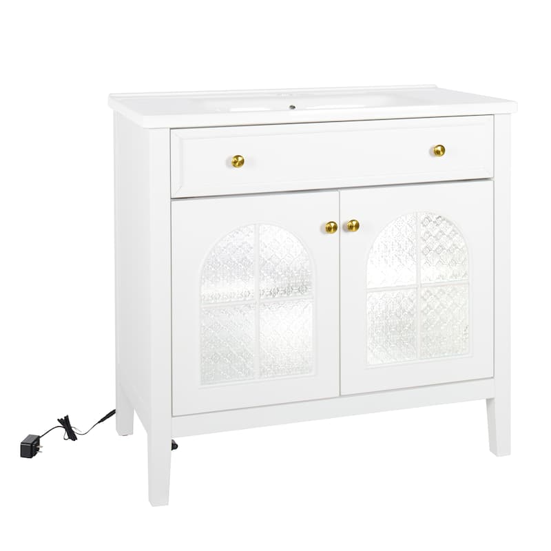 35.6-Inch Mid-Century Bathroom Vanity Sink with Patterned Glass & Motion-Sensor Light, Farmhouse Storage Vanity