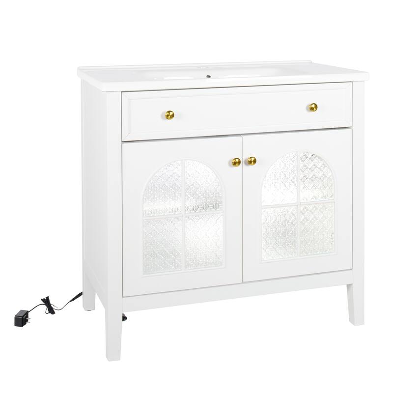 Modern Single Sink Bathroom Vanity Cabinet with Motion-sensor Light Strip & Patterned Glass, Ceramic Integrated Basin