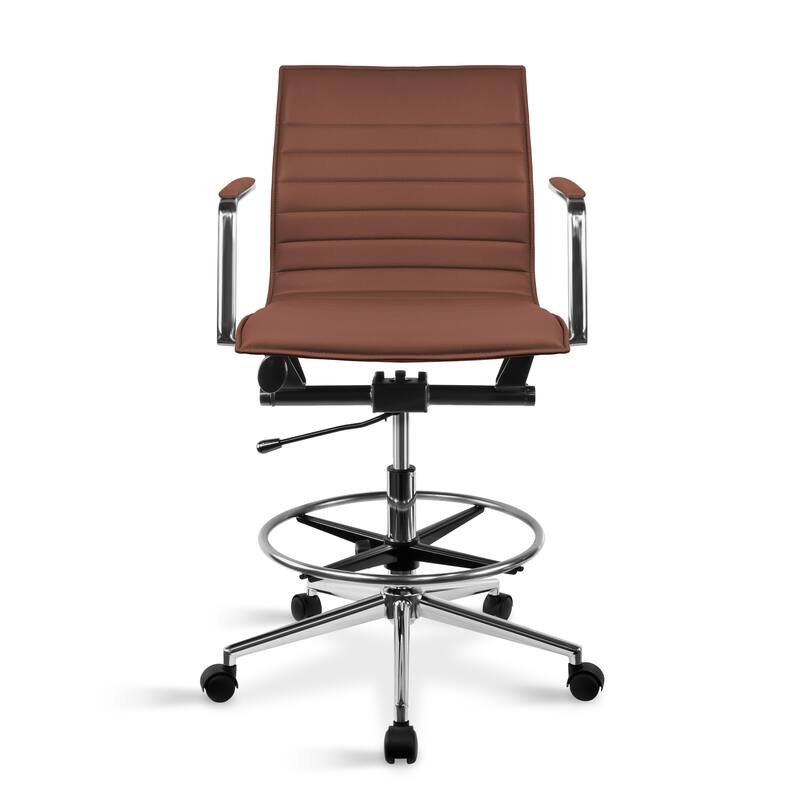 Set of 2 Modern Drafting Chair Upholstered PU Leather Ribbed Mid Back with Tall Adjustable Rest Computer Armchair