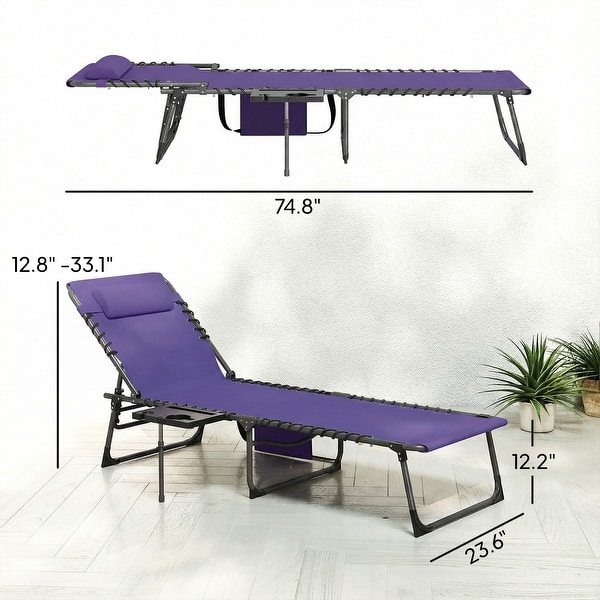 dimension image slide 2 of 8, Outsunny Folding Chaise Lounge Chair Outdoor Tanning Chair with Side Table, 5-Level Adjustable Beach Lounge Chair with Headrest