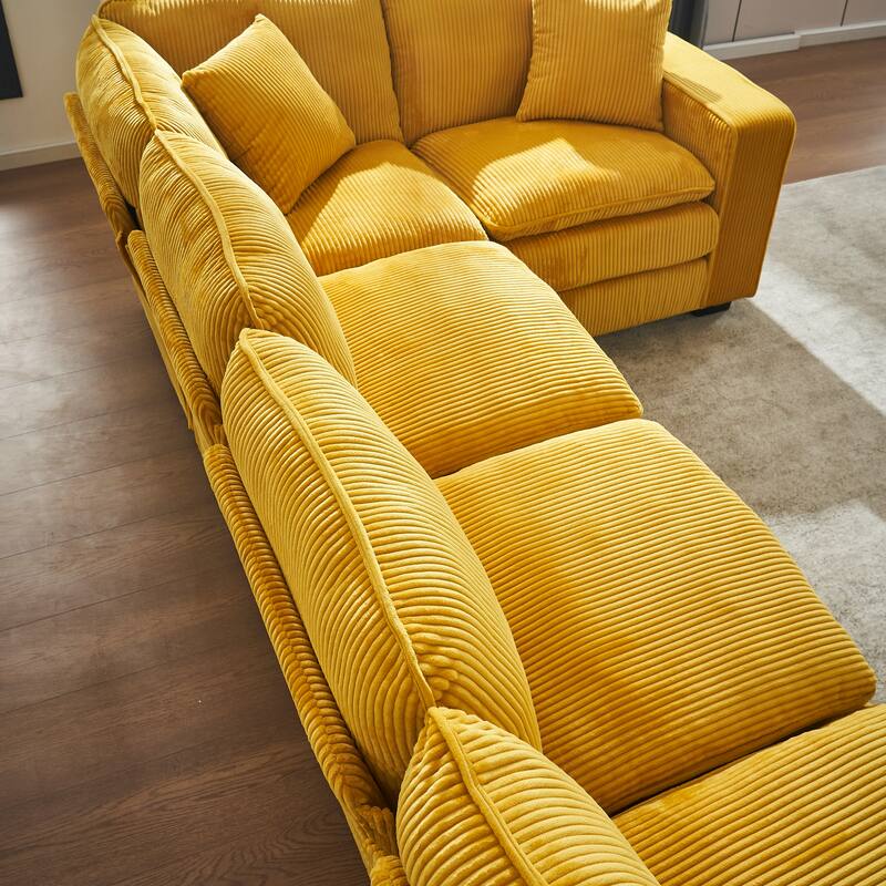 Modular Sectional Sofa for Living Room, U Shaped Sofa Couch with Ottoman and Three Toss Pillows, Corduroy Fabric Sofa Set