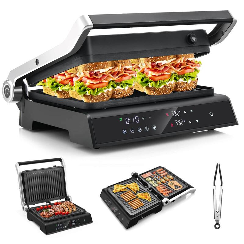 Costway Electric Panini Press Grill Sandwich Maker with LED Display & - See Details - Black - See Details