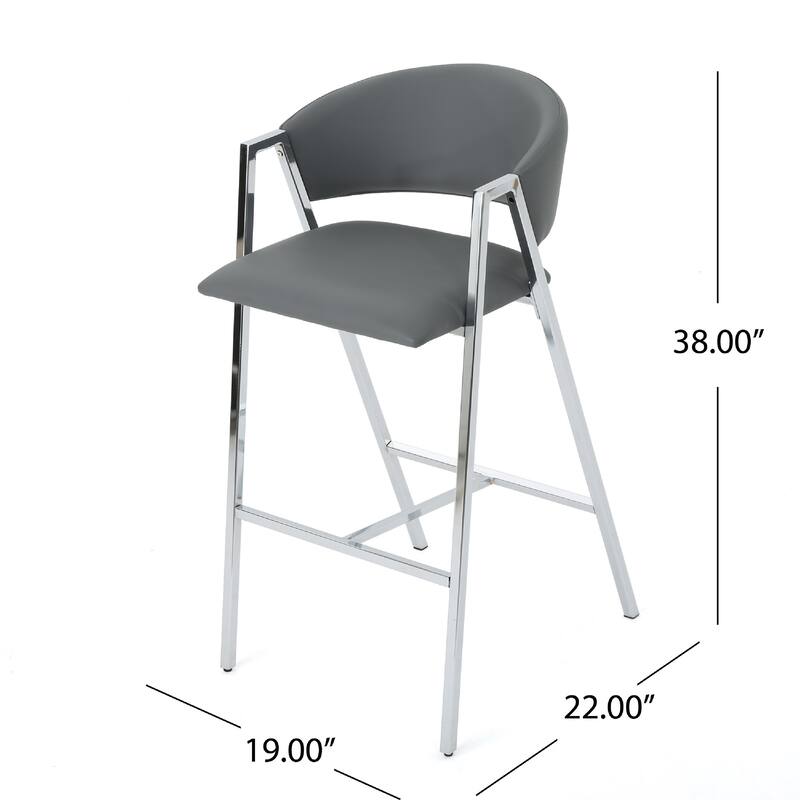 Zoy Barstool Chair Set of 2, Gray Faux Leather Padded, Chrome Iron