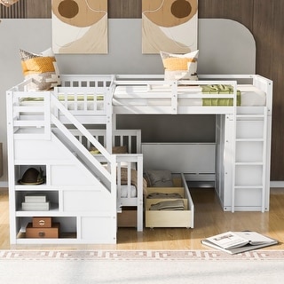 3 IN 1Twin-Twin over Full L-Shaped Bunk Bed With 3 Drawers, Portable Desk and Wardrobe
