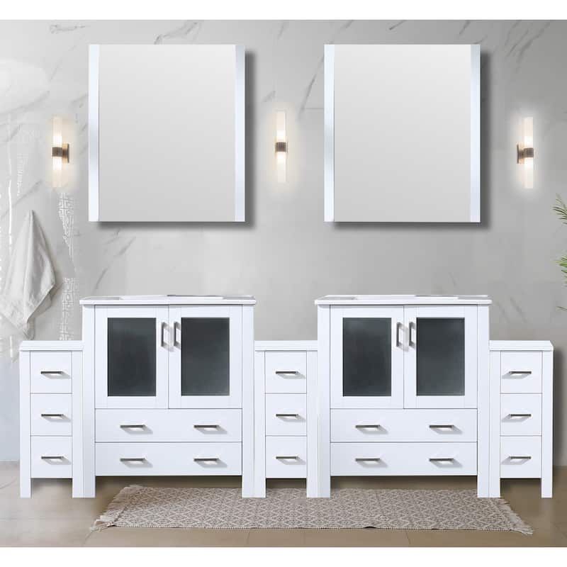 Volez Double Bath Vanity with Side Cabinets, White Ceramic Top and Mirrors